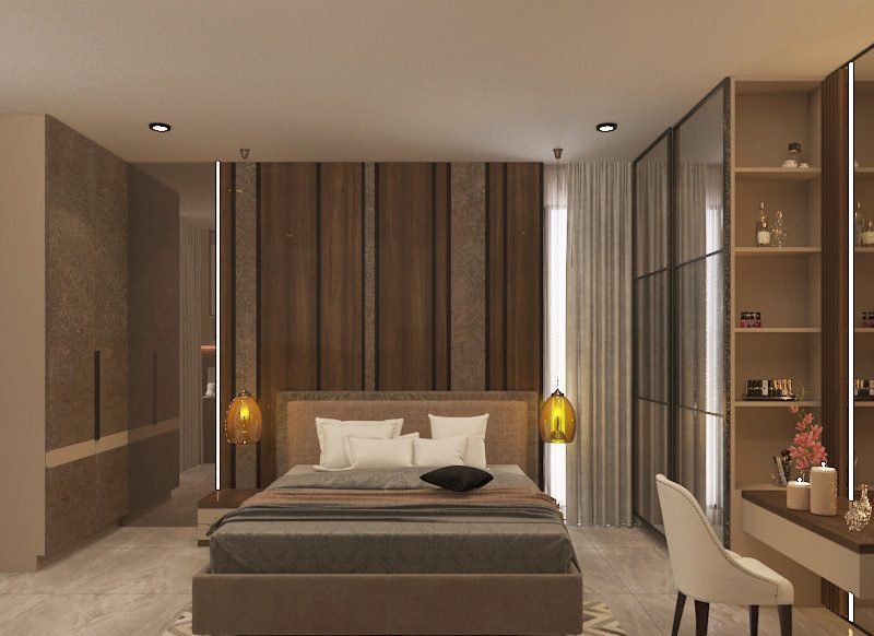 Master bedroom with wood strip wall