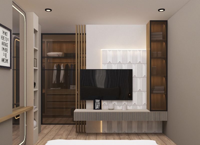 Bedroom TV unit with lit shelf