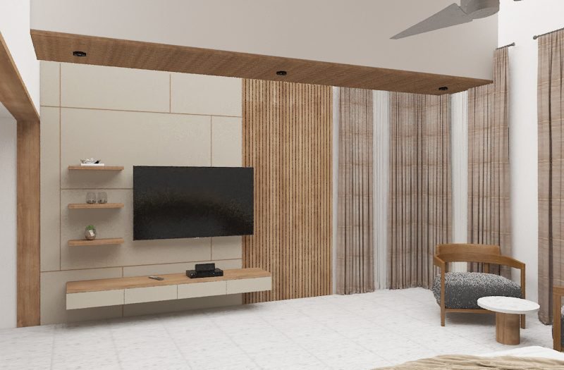 Bedroom TV wall with wood slats