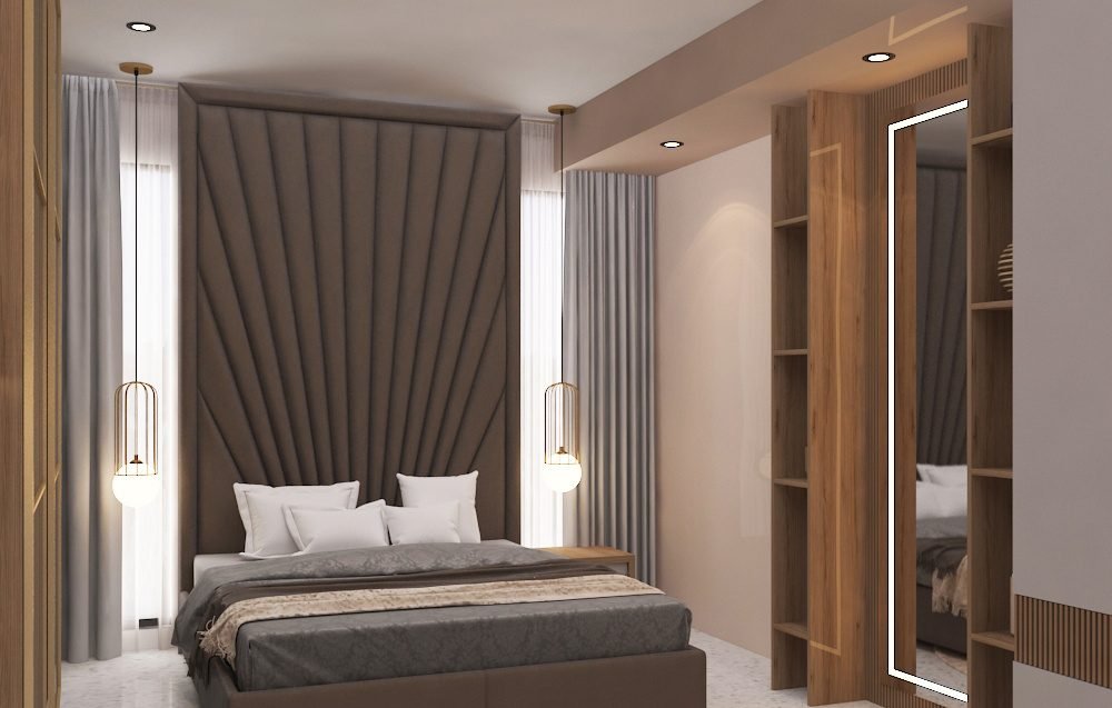Bedroom with tall upholstered headboard