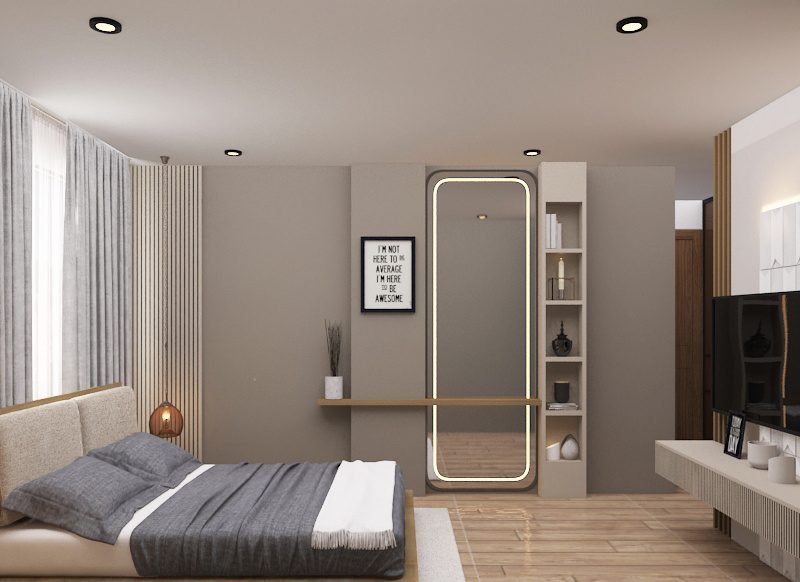 Bedroom with lit mirror and wood floor
