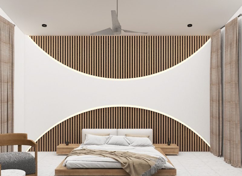 Master bedroom with curved fluted wood panels