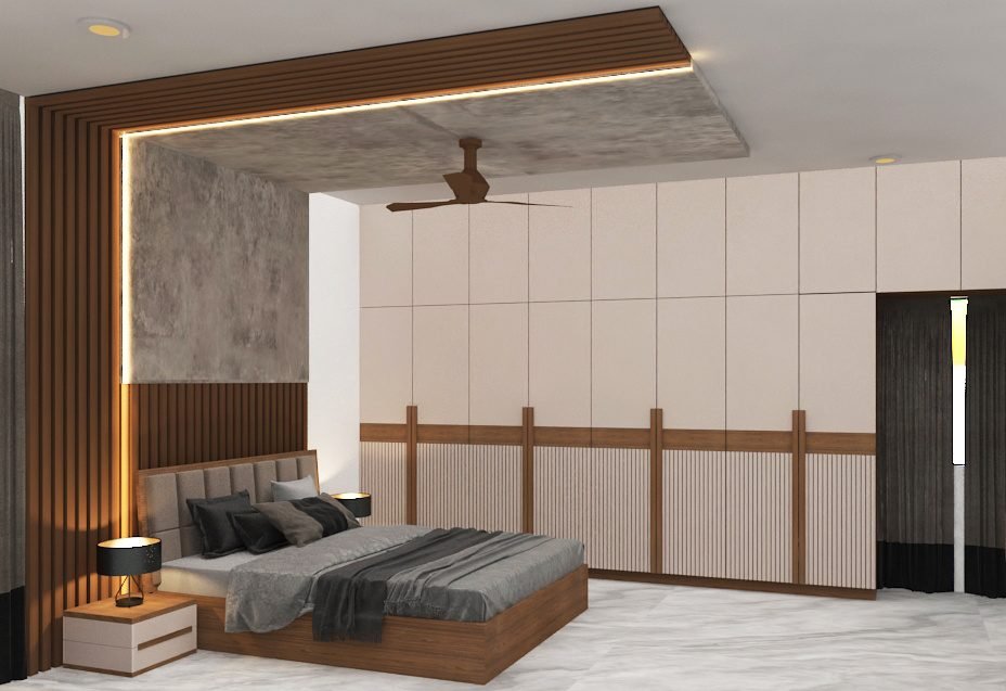 Bedroom with slatted ceiling feature