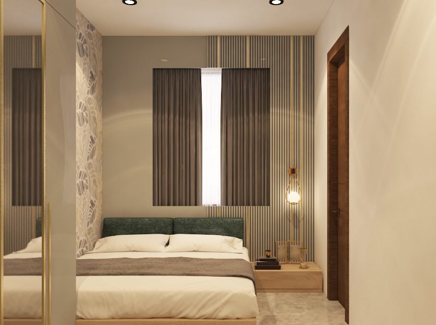 Compact bedroom with fluted wall