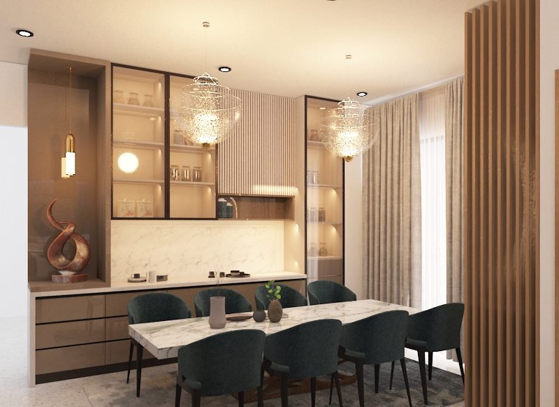 Dining area with marble table and crystal pendants