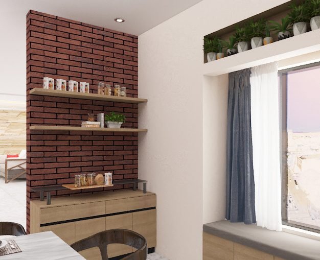 Dining with brick wall shelves