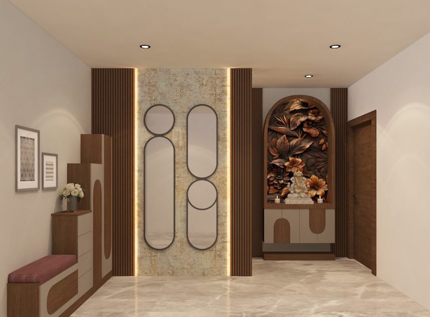 Foyer with arched carved-wood pooja niche, slatted panels and oval mirrors