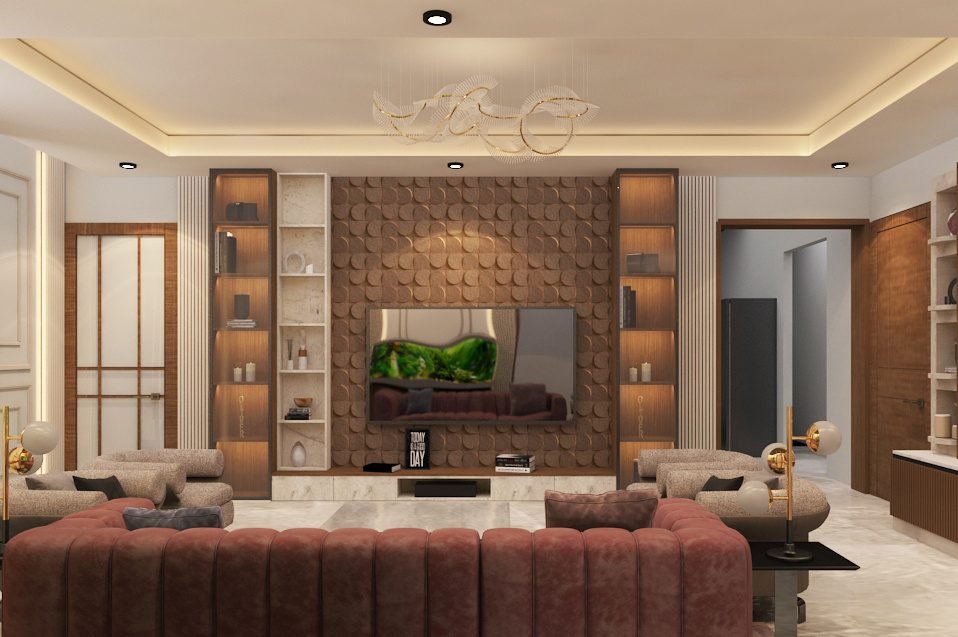Living room with fluted wood panels, lit display shelves and a sculpted chandelier