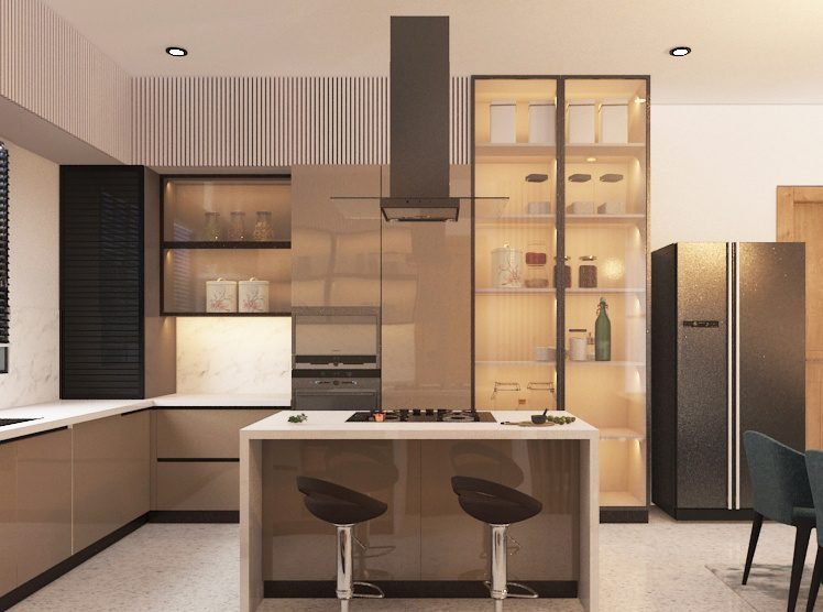 Island kitchen with glass pantry