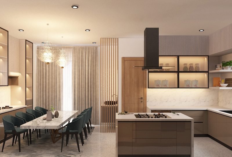 Open kitchen beside dining area