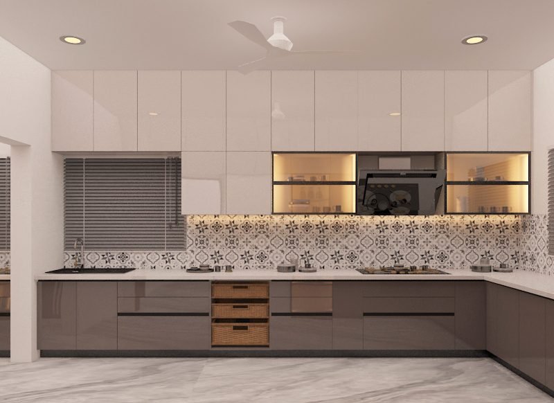 L-shaped kitchen with patterned backsplash