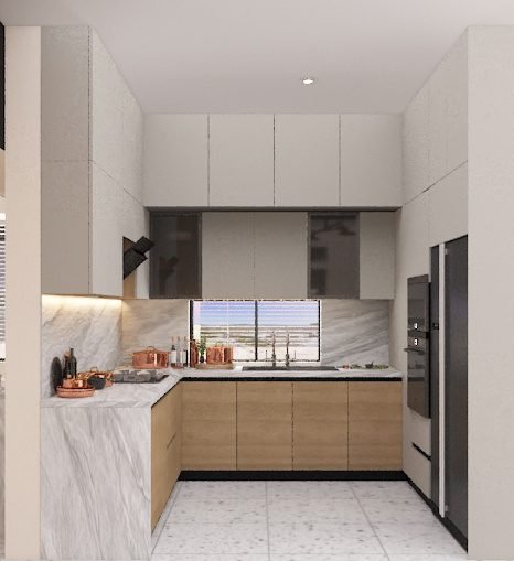Wood and marble U-shaped kitchen