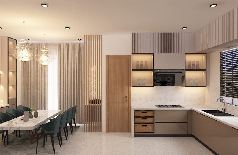 Kitchen with island and dining