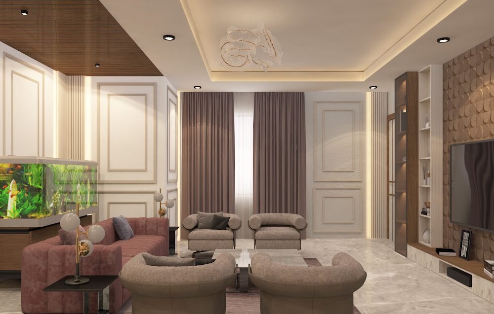 Living room with pink sofa, aquarium and panelled walls