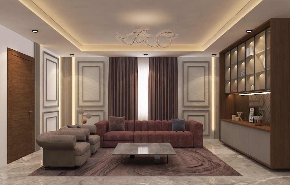 Living room with lit crockery unit