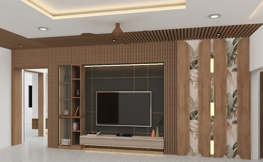 TV wall with wooden slats and leaf wallpaper
