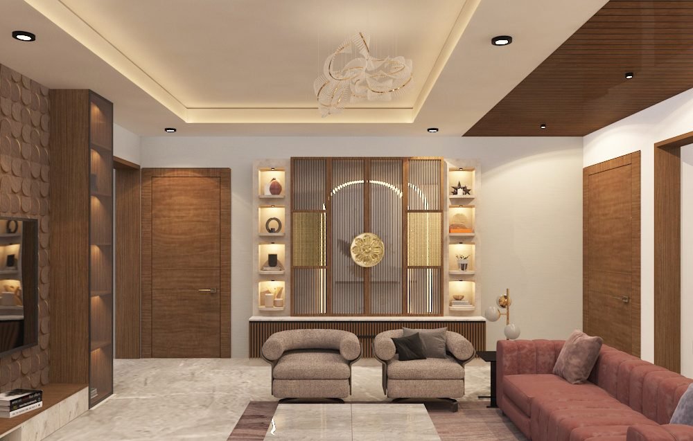 Living room with brass display unit