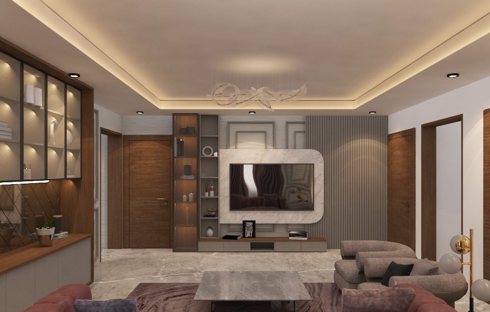 Living room with marble TV frame