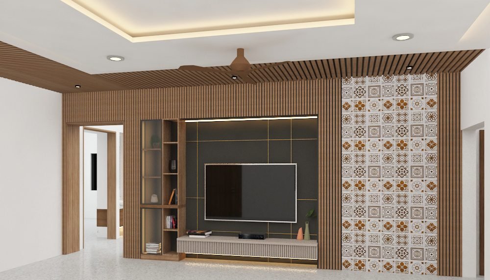 TV wall with patterned tiles