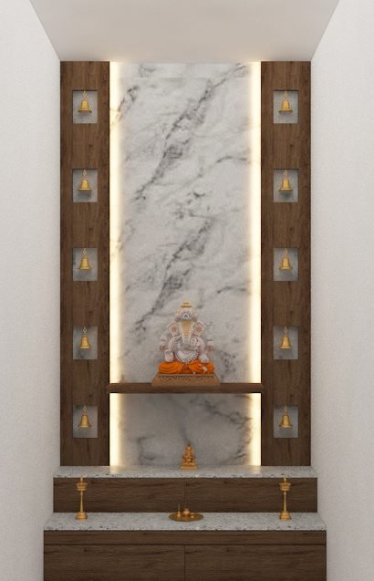 Pooja unit with marble panel and brass bells