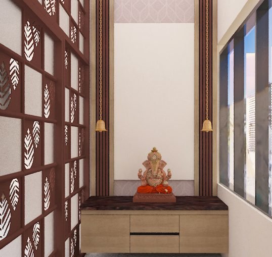 Pooja room with leaf-cut jali screen