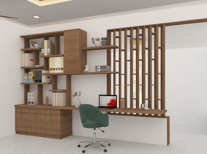 Study unit with shelving and wooden screen