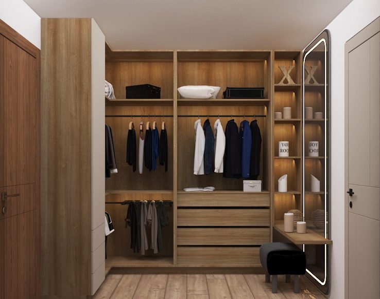 Walk-in wardrobe with lit mirror